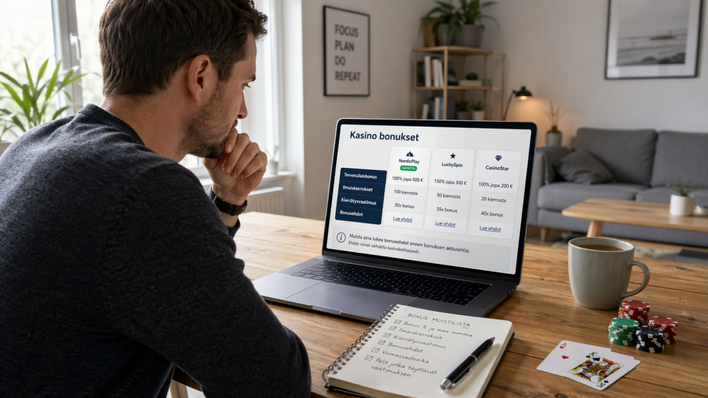 Pelaaja vertailee kasinobonuksia ja lukee bonusehtoja kannettavalta tietokoneelta ennen bonuksen lunastamista